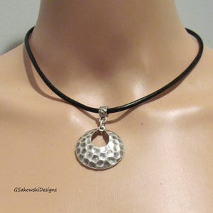 Organic Hammered Circle Pendant Leather Choker Necklace Modern Minimalist Pendant Choker Necklace - choose your length and leather color