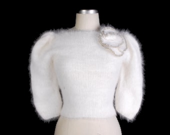 Vintage 80s Sweater - 80s Angora Sweater - White Angora Sweater - 80s Cropped Sweater - Cropped Angora Sweater - Flower - Puff Sleeves - XS