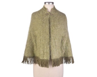 Vintage 60s Cape - 60s Mohair Cape - Scottish Mohair Cape - Green Mohair Cape - 60s Mohair Capelet - Green Capelet - Fringed Cape - VFG