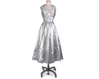 Vintage 80s Dress - 80s Prom Dress - Metallic 80s Dress - 80s Party Dress - 80s Silver Dress - 80s Halter Dress - Silver Halter Dress - VFG