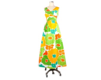 Vintage 60s Malia Dress - Vintage 70s Malia Dress - 60 Maxi Dress - Malia Maxi Dress - 60s Abstract Dress - 70s Maxi Dress - Green Orange