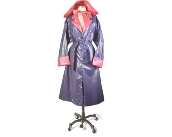 Vintage 80s Coat - 80s Raincoat - 80s Trench Coat - 80s Shiny Coat - 80s Purple Coat - Shiny Raincoat - 80s Hooded Coat - Pink Purple - VFG