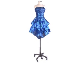 Vintage 80s Dress - 80s Prom Dress - Metallic 80s Prom Dress - 80s Party Dress - Blue Prom Dress - 80s Sequined Dress - Zum Zum - Strapless