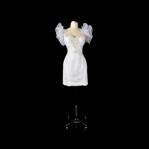 Vintage 80s Dress - 80s Prom Dress - 80s Party Dress - 80s White Dress - White Lace Dress - 80s Sequined Dress - 80s Wedding Dress - M - VFG
