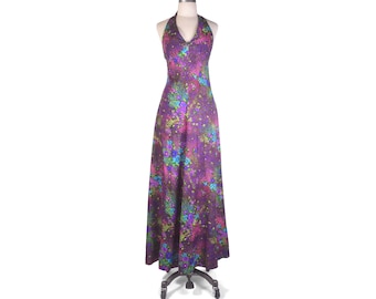 Vintage 70s Dress - 70s Halter Dress - 70s Maxi Dress - 70s Halter Dress - 70s Tiki Dress - Purple Halte Dress - Floral Halter Dress - VFG