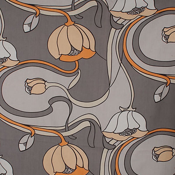 Vintage 70s Gray Peach White Art Nouveau Fabric Floral Cotton Kravets