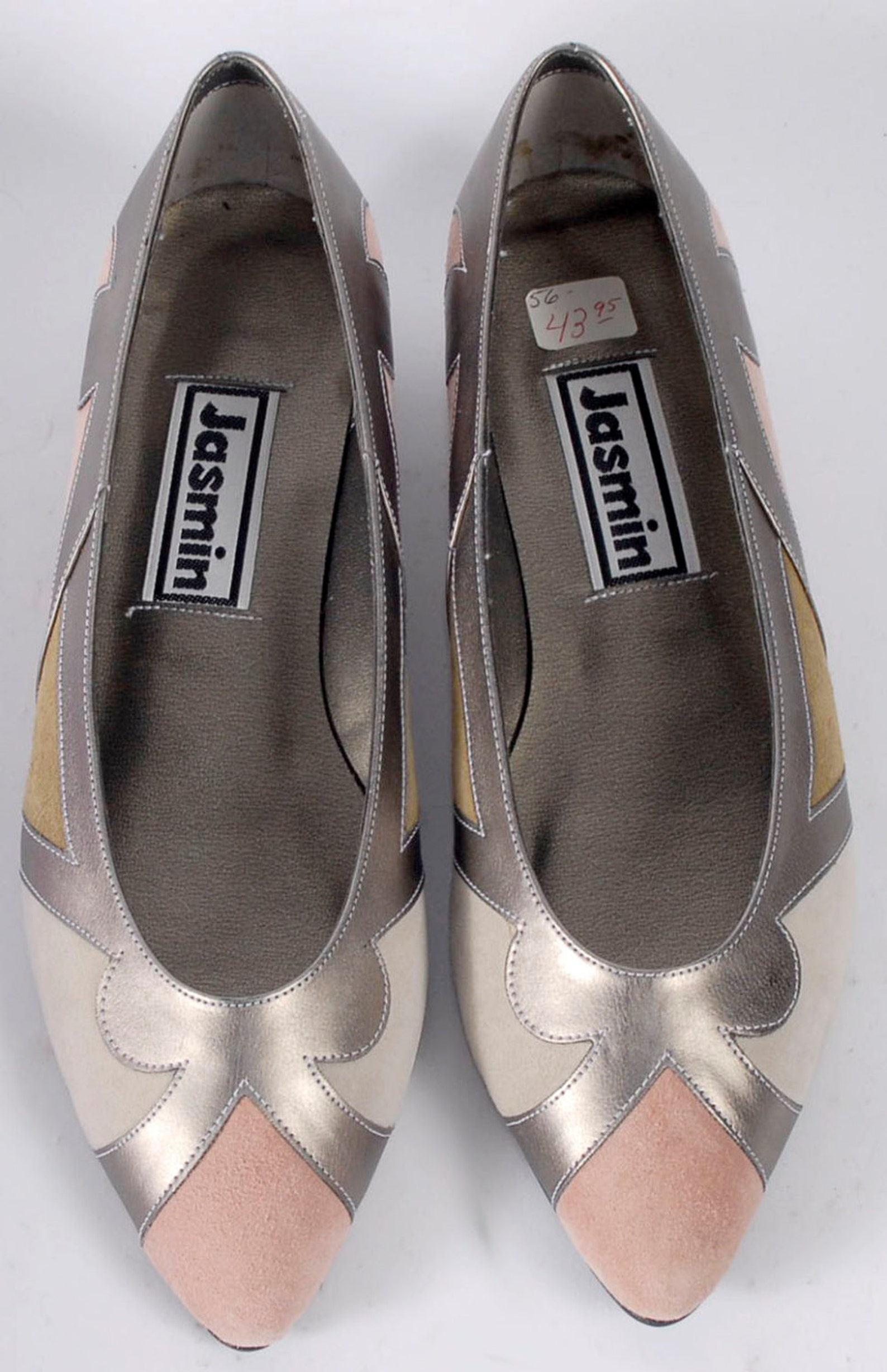 vintage 80s shoes - 80s ballet flats - 80s flats - pink taupe cream silver - leather flats - pointed toes - 7 - nos - nib - new