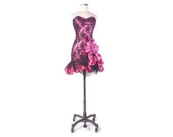 Vintage 80s Dress - 80s Prom Dress - Metallic Prom Dress - 80s Party Dress - Strapless Prom Dress - Pink Prom Dress - Black Pink Dress - XS