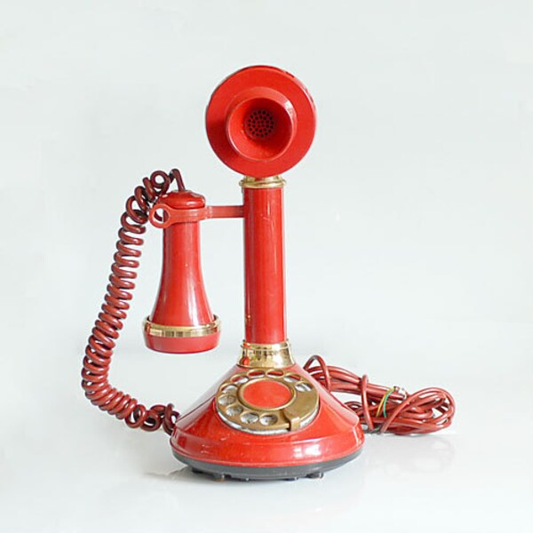 Vintage 70's Red Gold Candlestick Telephone Phone Rotary Dial Deco-Tel