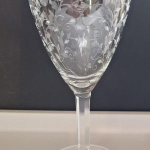 May include: Clear glass wine glass with etched floral design. The glass has a long stem and a wide bowl, perfect for serving wine. The etched design features leaves and vines, adding a touch of elegance.