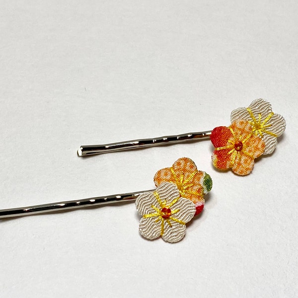 Flower, Blossom Bobby Pin, Hair Pin Japanese Chirimen - Orange & White