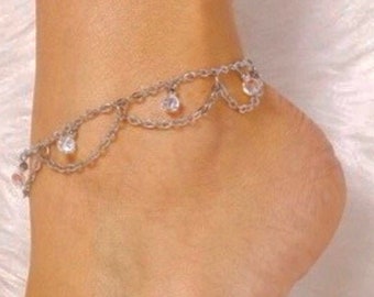 Anklet with dangly chain and beads, adjustable, one size fits all, gypsy, Silver or Gold