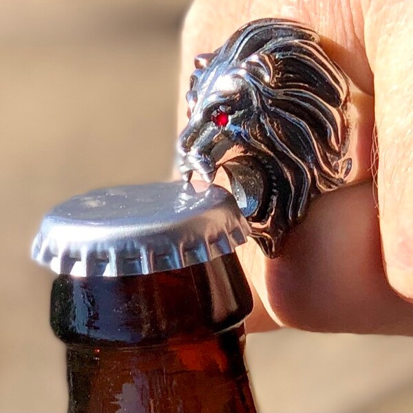 Bague d’ouverture de bouchon de bouteille de bière Tête de Lion avec yeux rouges, acier inoxydable, Bijoux, Bagues, Bandes Taille 8-15, Bagues