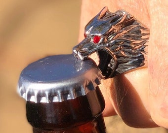 Wolf Head Bottle Opener Ring – Stainless Steel Viking Gothic Jewelry by Medieval Metal