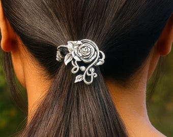 Crochet à cheveux rose - Support pour queue de cheval bohème floral argenté ou doré en métal médiéval