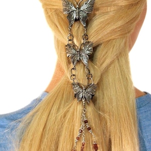 Hair Armor – Butterfly Ponytail Holder with Large Bead Charm – Silver or Gold – Festival, Boho & Renaissance Hair Accessory