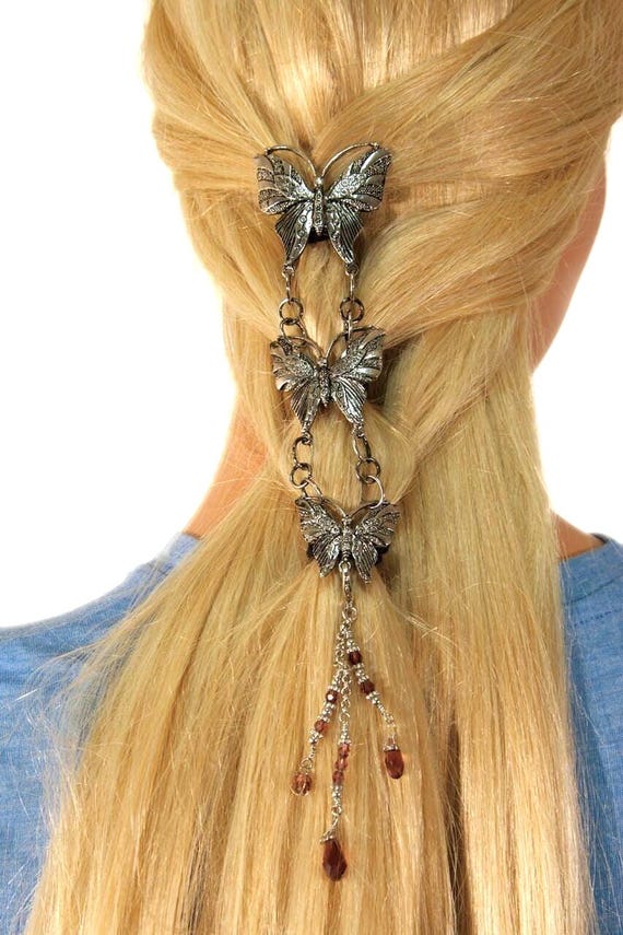 Butterfly Ponytail Holder – Silver or Gold Bead Charm Boho Festival Hair Armor by Medieval Metal