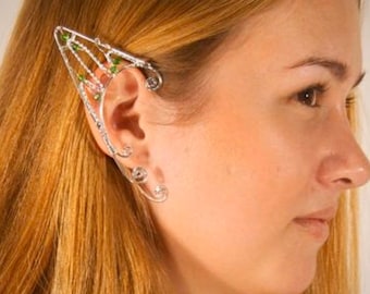 Crystal Bead Elf Ear Cuff – Adjustable Wire Wrap Non Pierced Clip On Jewelry Silver or Gold by Medieval Metal