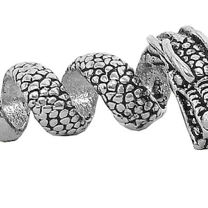 Puede incluir: Encanto de cabeza de dragón plateado con un cuerpo en espiral y texturado. La cabeza del dragón está detallada con escamas y un cuerno rizado.