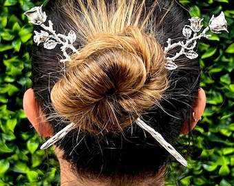 Rose Vine Hair Stick – Floral Bun & Updo Pin Boho Bridal Festival Hair Accessory by Medieval Metal