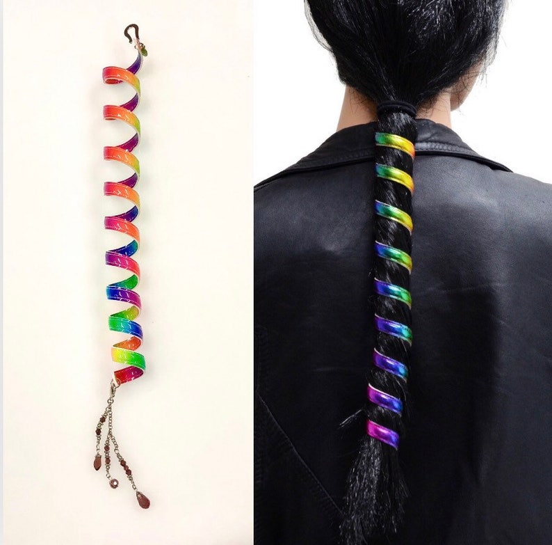 Rainbow Faux Leather Ponytail Wrap 12\u201d length with bead charm ponytail holder