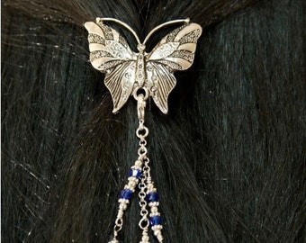 Hair Hook Butterfly with dangly beads, one size fits all, Silver or Gold