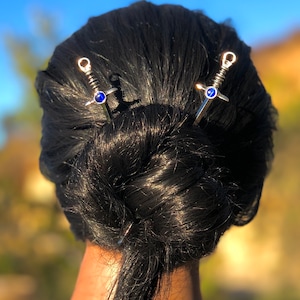 Gem Sword Hair Sticks – Silver or Gold – Elegant Bun Holders – Sold as a Pair – Fantasy, Cosplay & Festival Hair Accessories