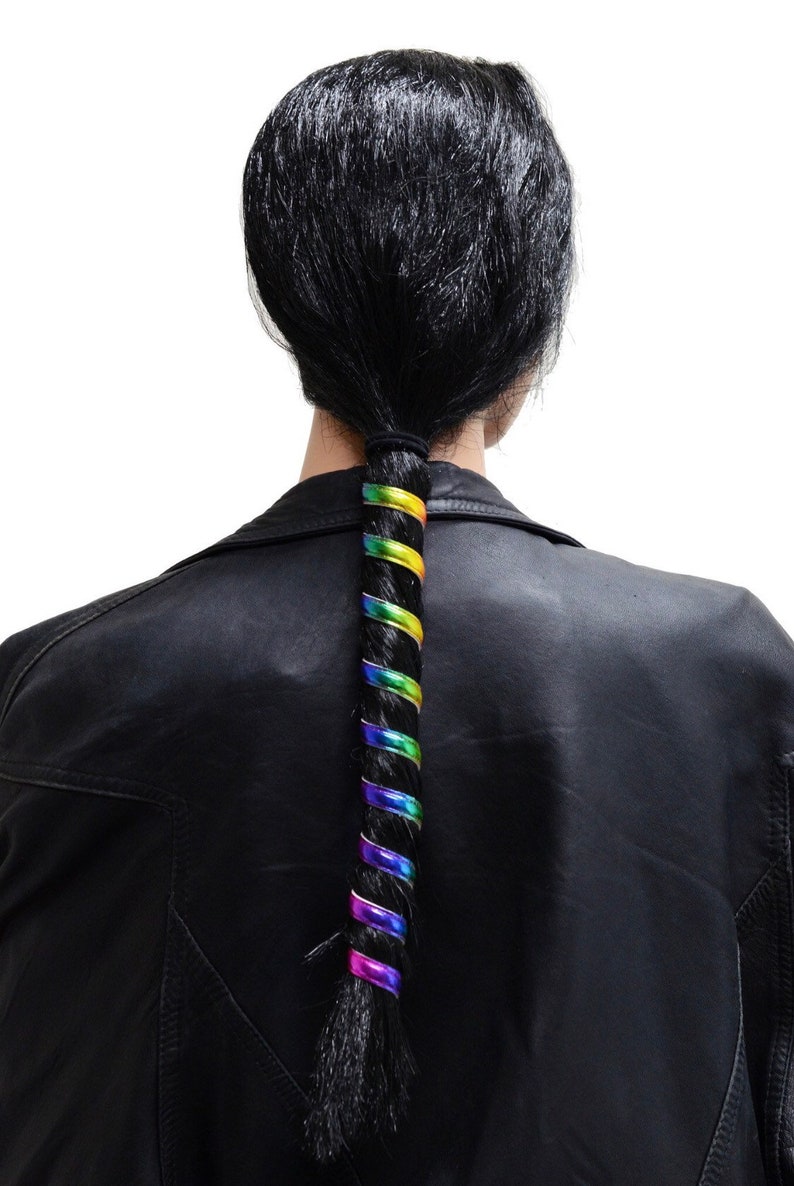 Rainbow Faux Leather Ponytail Wrap 12\u201d length with bead charm ponytail holder