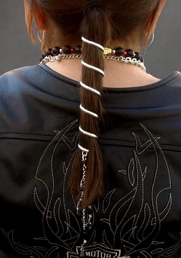 6 Inch Silver Ponytail Wrap - Festival Hair Jewelry with Bead Charm Biker Style by Medieval Metal