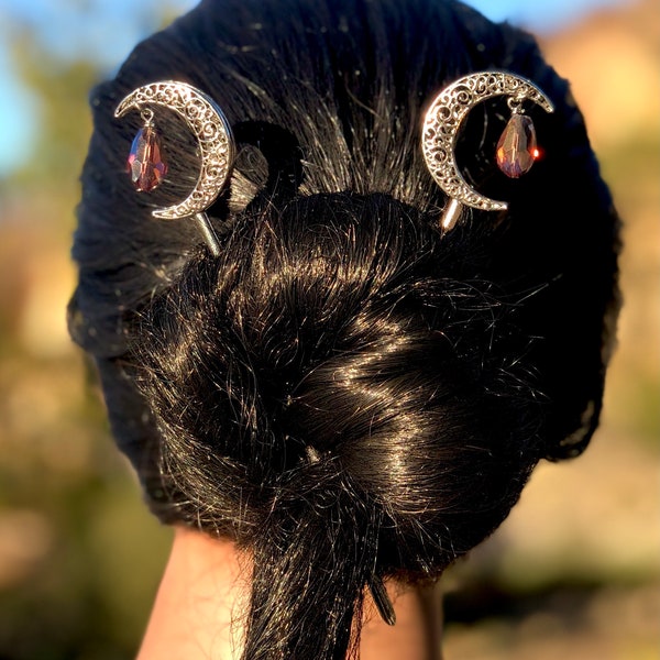 Mond mit Gemmen Haarstäben - Crescent Moon Dutt & Hochsteckfrisur Pins Fantasy Festival Haarschmuck von Mittelalter-Metall