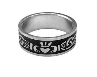 Claddaugh Band Ring, Celtic, Stainless Steel, Bands, Sizes 6-10