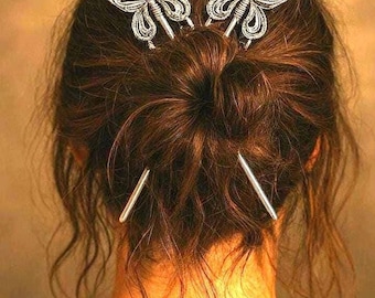 Butterfly Hair Sticks – Silver or Gold Bun & Updo Pins Boho Festival Hair Jewelry by Medieval Metal