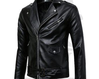 May include: A black leather motorcycle jacket with a zipper closure, a belt, and multiple pockets.