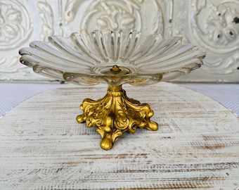Mid-Century Cut-Glass Compote Dish/Hollywood Regency Style/9&quot; x 5.25&quot; Glass Starburst Design With Ornate Gold Base