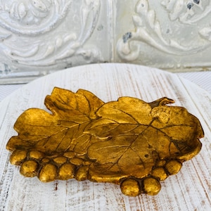 1950s Trinket Dish/Tray/Cast Iron Painted Gold/Features Grapes and Grape Leaves/Measures 9.5&quot;L x 6.5&quot;W x 1.25&quot;