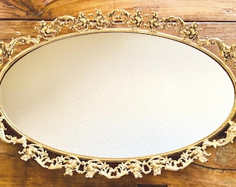 Bandeja de espejo de tocador vintage de bronce dorado en estilo barroco/rococó