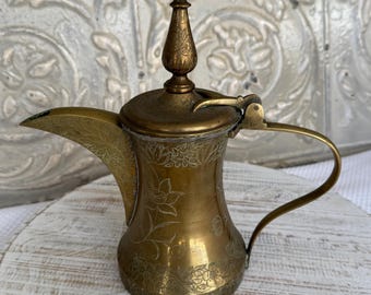 Vintage Brass Dallah Pot/Stamped &quot;Made In India&quot;/Numbered 735/Floral Etchings/Vintage Aged Brass 10.5&quot; Coffee Pot/Exotic Brass Pitcher