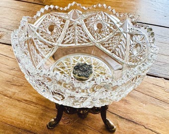 Vintage Hollywood Regency Geschliffenes Glas Kristall Trinket Teller mit Messing Basis