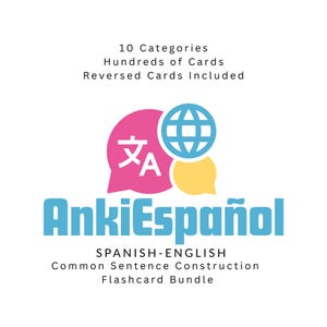 May include: AnkiEspañol flashcard bundle with the text "10 Categories, Hundreds of Cards, Reversed Cards Included." The logo includes a pink speech bubble with a Chinese character and the letter "A", a blue globe, and a yellow speech bubble.