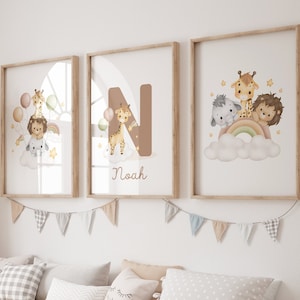 Set of 3 Jungle Animal Nursery Decor Wall Art Print| Personalized name| Safari Nursery Decor| Lion, Elephant, Giraffe| Child Kids Printable