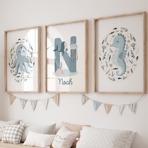 Impresión personalizada bajo el mar, arte de pared para guardería de ballenas, letrero con nombre personalizado bajo el mar, impresión personalizada bajo el mar, arte oceánico personalizado,