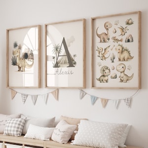 Arte de la pared del nombre del vivero de dinosaurios - decoración de la pared del vivero del niño del bebé imprimible - arte de la pared inicial de Dino, impresiones personalizadas de dinosaurios, impresión de Dino