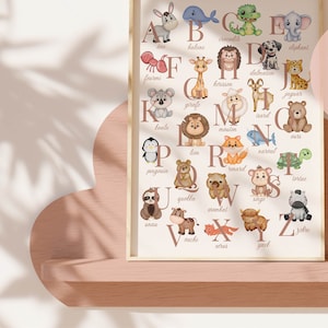 Póster del alfabeto de animales en francés, póster del alfabeto francés, arte del alfabeto de animales, póster del alfabeto, póster del alfabeto de animales, impresión educativa en francés
