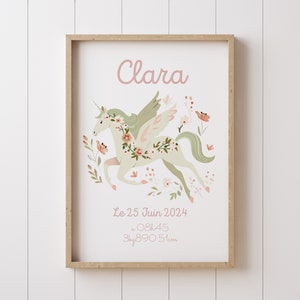 Affiche de Naissance Fille, Affiche Unicorne Enfant, Affiche Personnalisée de Naissance, Affiche Personnalisée floral, Affiche Prénom Fille
