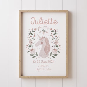 Affiche de Naissance Fille, Affiche Unicorne Enfant, Affiche Personnalisée de Naissance, Affiche Personnalisée floral, Affiche Prénom Fille