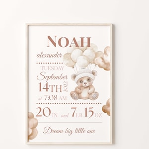 Teddy Bear Birth Stats Print, Birth Statistics Sign, Baby Birth Announcement, Personalized Nursery Print, Nursery Poster, Custom Baby Gift