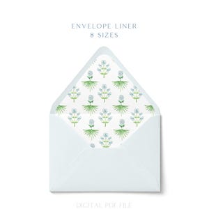 May include: A light blue envelope with an open flap revealing a white liner featuring a repeating pattern of small blue flowers and green stems. The text at the top reads ENVELOPE LINER 8 SIZES and the text at the bottom reads DIGITAL PDF FILE.