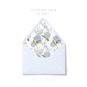 May include: A white envelope with an open flap featuring a blue hydrangea floral pattern liner. The text at the top reads ENVELOPE LINER 8 SIZES and the text at the bottom reads DIGITAL PDF FILE. The design displays light blue flowers and green leaves.