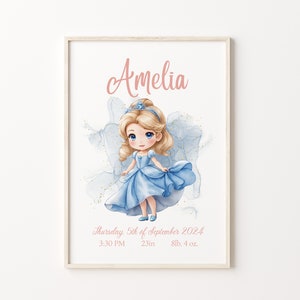 Custom Princess Nursery Print, Princess Nursery Name Sign, Princess Birth Stats, Princess Nursery Print, Cinderella Nursery Print
