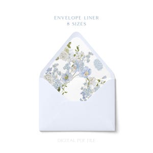 May include: A white envelope with an open flap revealing a decorative liner featuring a watercolor floral pattern in shades of light blue, white, and green. The text ENVELOPE LINER 8 SIZES and DIGITAL PDF FILE are printed in dark blue.